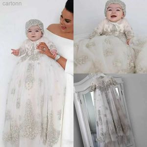 Girl's Dresses White Ivory Christening Gown for Little Kids O Neck Long Sleeve Lace Pearls First Communion Dress Toddler Infant Baptism Gowns d240425