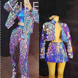 MZ63 Stage Wear Laser Sequin Coats Vest Pants 3st Stage Show Outfit Women Long Sleeve Purple Blue Mirror Nightclub Singer Jazz Dance Costume D240425