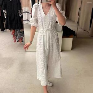 Party Dresses Jastie 2024 Autumn French White Maxi Dress Applique Embroidery Puff Sleeve V-Neck For Women Elegant Long