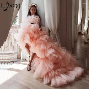 Girl Dresses High Low Tiered Puffy Tulle Flower Kids Peach Pink Wedding Party Gowns With Sash Strapless Girls Pageant Dress