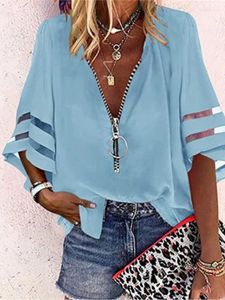 Women's Blouses Sexy Lace Patchwork Flared Sleeve Mesh Solid Shirt Top 2024 Summer Women Zipper V-Neck Loose Casual Blouse Tops Streetwear