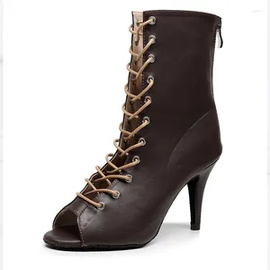 Sapatos de dança Ladies Chocolate Lace Up Latin for Woman Stiletto Salto Booties feminino Aberto do dedo do dedo do pé Jazz Cuabn