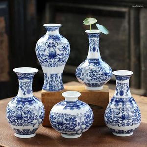 Vasos Tabela chinesa topo de azul antigo e branco de porcelana Decoração artesanato Arranjo de flor de cerâmica
