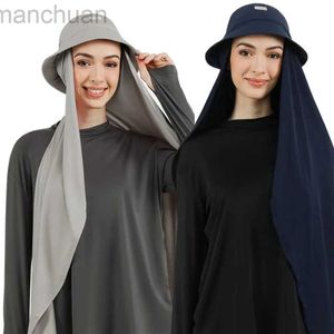 Hijabs New Muslim Women Bucket Hat With Chiffon Hijabs Summer Sports Cap With Hijab Ready To Wear Instant Hijab Islam Headscarf d240425