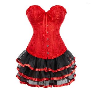 Röcke rot Overbust Corsett Kleid Set Oerbekleidung Taille Bustier Top mit geschichtter Mesh Minirock