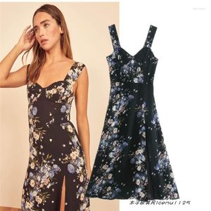 Casual Dresses French Wide Shoulder Strap Dress Square-Neck Cinched Figure Flattering Side Slit Print Elegant Floral Vacation