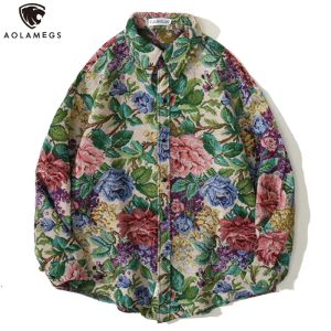 Slippers Aolamegs Shirt Men Vintage Watercolor Floral Print Oversized Shirts Coat Autumn Retro Haruku Hip Hop Fashion Casual Streetwear