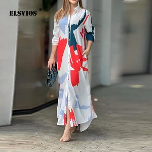 Casual Printed Loose Shirts Dress Female Autumn Winter Fashion Turn-Down Collar Long Sleeve Buttons Cardigan Dresses Pendlar 240417