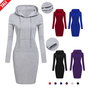 Sweatshirts Kadın Uzun Kollu Kapşonlu Elbise Düz Renk Cepleri Sıska Uzun Sweatshirtler Kış Sonbahar Termal Günlük Kadın Elbise Hoodies Yeni