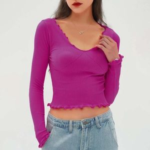 Kvinnors T -skjortor Streetwear Knit Crop Tops Damer U Neck Ruffles Långärmad blus Skjorta Kvinnlig Solid Slim Fit Tee Y2K