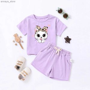 T-shirts Summer Girls Cute Cat Print T-shirt + Solid Color Casual Shorts Tvådelar Childrens Casual Short-ärmdorts Setl2404