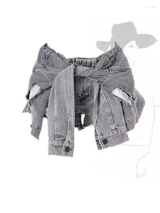 Kvinnors shorts grå rippad denim vintage koreanska y2k harajuku hög midja breda a-line mini jeans korta byxor 2000-talskläder