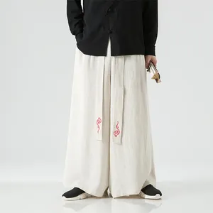 Men's Pants 2024 Summer Cotton & Linen Wide Leg Embroidery Pantskirt Men Chinese Style Street Casual Baggy Hanfu