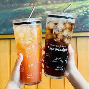 Tumblers 1000ml Large Capacity Mathematical Pattern Clear Glass Cup Utensils With Lid And Stainless Steel Straw Milk Juice Coffee Mug H240425