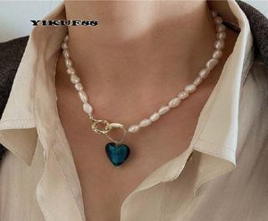 YIKUF88 s925 Sterling Silver Women Vintage Natural Pearl Blue Love Geometric Baroque Female Necklace1381169