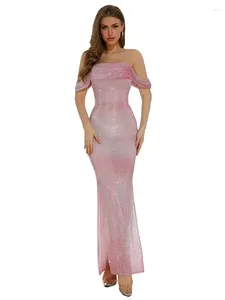 Повседневные платья Женщины элегантные высококачественные розовые сексуальные тугие на плече алмазное длинное платье в формальном случае вечернее коктейль -вечеринка