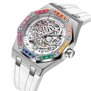 2024 Mode Neue Regenbogen Diamond Onola Vollautomatische mechanische Uhren -Silikonband -Waterdehonuhr für Männer