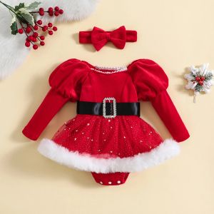 Enstycken juldräkter för flickor Rompers klär prinsessas paljetter mesh kjol hem långärmade småbarnskroppar med pannband