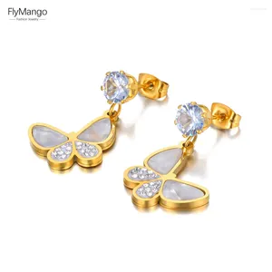 Brincos de garanhão FlyMango Moda Aço inoxidável Cristal Cristal Butterfly Animal 18k Brincho de casca de ouro para mulheres Pendientes Fe22042