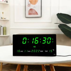 Klockor Lysande digital väggklocka 4 Alarm Time Chiming Temperatur Datum Kalender Desktop Table Klocka Elektronisk LED -klocka med plugg