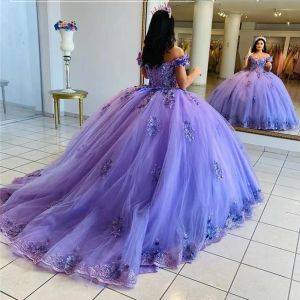 Purple Quinceanera ubiera się od sukienki balowej na ramię 3d kwiatowy Sweet 16 vestidos de fiesta