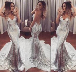 Luxury Sexy Sparkling Prom Dress Backless Silver Deep VNeck Open Back Sweep Train Formal Party Dresses Modern Women Evening Gowns1053849