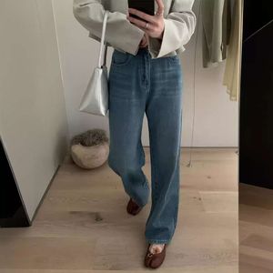Jeans de perna reta de linha única para feminino Spring 2024 Novas calças casuais de cintura alta