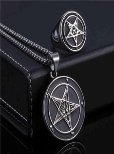 Smycken set elfasio set ring halsband baphomet get pentagram satan symbol rostfritt stål båda sidor pendelledning8806882