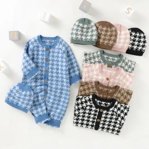 One-Pieces 2 Pcs Newborn Houndstooth Outfits Autumn Winter, Baby Girl Boy Buttondown Long Sleeve Round Neck Romper + Hat