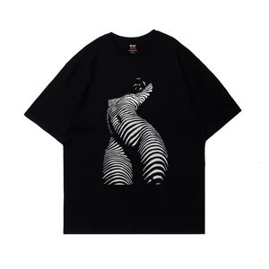 Pure Cotton Spicy Girl Sexy Black and White Stripes Female Printed Short Sleeve Top Female American Retro Street Short Sleeve 240421