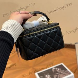 Black White Pink Lambskin Top handle Tote Vanity Makeup Box Bags Gold Chain Crossbody Shoudler Zipper Suitcase With Mirror Card Holder Purse 17X11CM