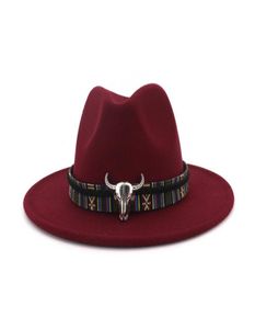 Fashion Wide Brim Cowboy Fedora Hat Bull Head Decoration National Style Men Women Wool Felt Trilby Etnic Gambler Cappelli Jazz Panam4096449