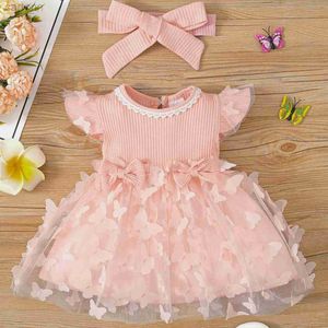 Girl's Dresses 0-3-year-old newborn baby girl summer pink sleeveless lace round neck lace butterfly mesh lovely dress party d240425