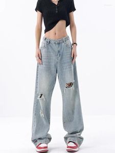 Kvinnors jeans kristallborrhål denim tunn gata stil amerikansk casual byxor kvinnlig hög midja rak pant