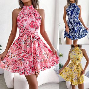 Frühlings- und Sommer Elegant Schnürfalle Ruffen großes Schwung Blumenkleid Damenkleidung 98