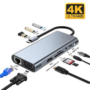 11 em 1 USB C Splitter de cubo para USB3.0 HDTV RJ45 3,5mm Adaptador Jack Tipo C Cubs VGA Reader Múltiplos portas da estação de dock para MacBook Laptop