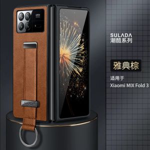 Корпуса для Xiaomi Mix Fold 2 Case Luxury Leather Cover с портативным браслетом ручной ремешок для ручной ремешки для кик -стенда металлического кольца для Xiaomi Mix Fold 3