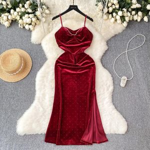 Casual Dresses Fashion Sexy Chic Long Suspender Dress Women's Autumn And Winter Spring Evening Party Unique Velvet Split Sleeveless