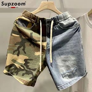 Supzoom ankomst ulzzang sommarmönster längd blixtlås stoashed kamouflage lapptäcke jeans shorts män 240425