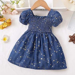 Mädchenkleider Baby Mädchen Sommerkleid Golden Stern Muster Puff Ärmel Blue Prinzessin Kleid Fashion Party Kleid für Kinder Mädchen 3-24 Monate D240425