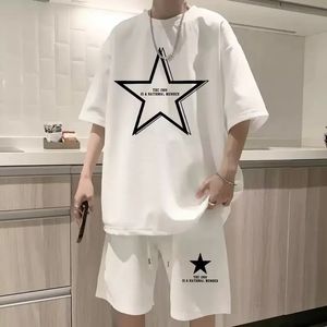 Summer Tshirt Set Men Star Printing Pure Cotton Tracksuit 2 Piece Set Outfits Man Sportswear Hip Hop Street Swear S-5XL 240415