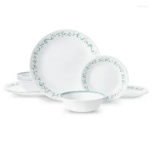 Dinnerware Sets Cottage White and Green Round 12 Peça Conjunto de Cucaras Faca Cosquedas de Cosques de Fork