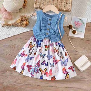 Girl's Dresses Middle and small childrens new summer girl denim patchwork printed vest dressL2404