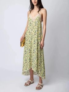 Casual Dresses 2024 Spring and Summer Lace Splicing Dress Female Yellow Floral Classic A-Line Suspender