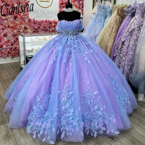 Lilac fuori dalla spalla Abito da ballo in pizzo floreale 3D Abiti Quinceanera Abiti illusione Crystal Pleat Corset Vestidos de 15 Anos