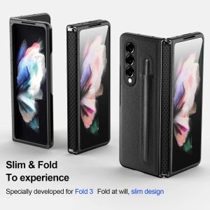 Täcker gångjärn med S Pen Socket -fodral för Samsung Galaxy Z Fold 3 5G Fullt skydd med pennhållarfodral Z Fold4 5G lädertelefonöverdrag