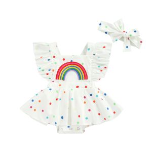 Endelar Citgeett Summer Spädbarn baby flickor bodysuit klänning söta regnbågar prickar mönster ruffle hylsa jumpsuit kläder kostym