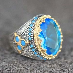Band Rings Exquisite Round Inlaid Blue Stone Sky Zircon Fashion Metal Two Tone Engagement Wedding for Women Men Jewelry H240425