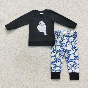 Set di abbigliamento Halloween Infant Boys all'ingrosso ricami di alta qualità Ghost Black Long Maniche Blue Caluser Set