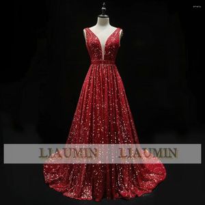 Party Dresses Red Sequin A Line Sparkly V-Neck Full Length Evening Dress Gowns Lace Up Back Prom Skirt For Women Hand Made Custom W14-1